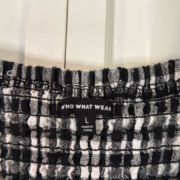 Who What Wear black linen gingham puff sleeve cropped blouse  large - Picture 5 of 10